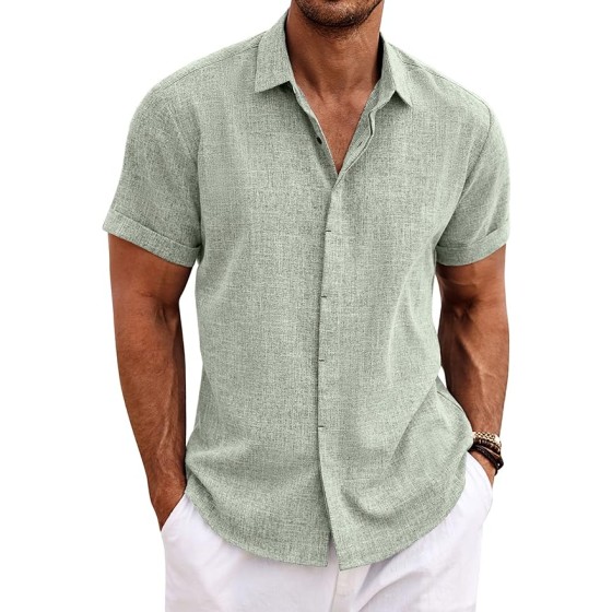 COOFANDY Men's Linen Shirt - Short Sleeve Casual Shirt with Buttons - Men's Beach Summer Wedding Shirt